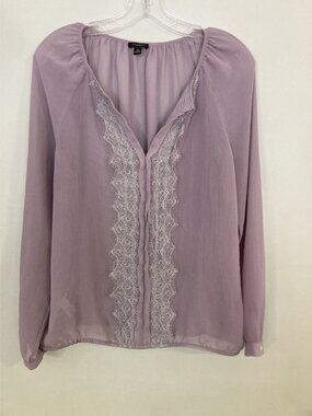 Ann Taylor Lavender Lace-Trim Long Sleeve Blouse Size M